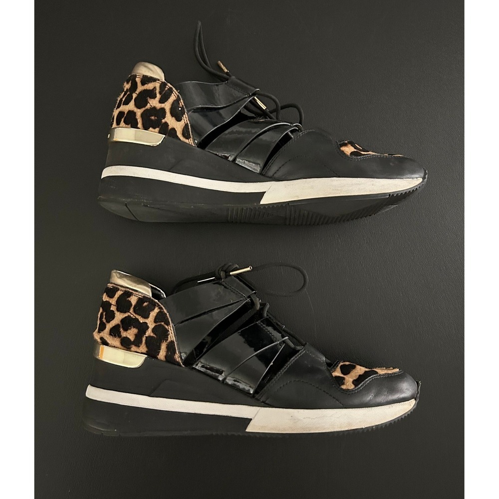 Michael Kors Felix Black Leopard Calf Hair Wedge Sneakers Shoes Womens 9M - Picture 3 of 12